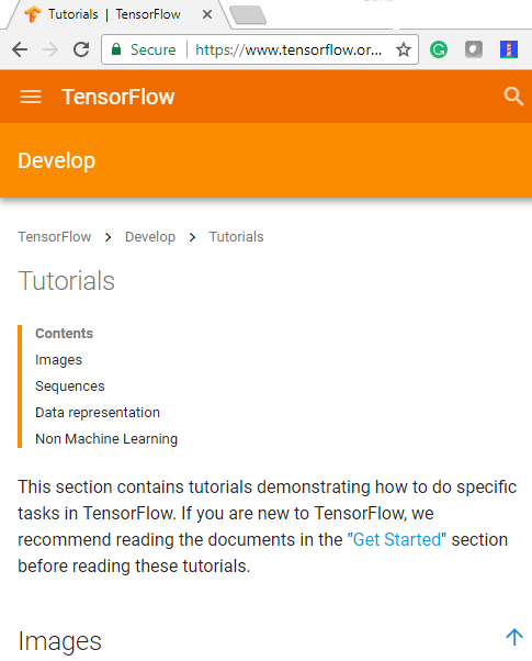 TensorFlow Tutorials hub screenshot